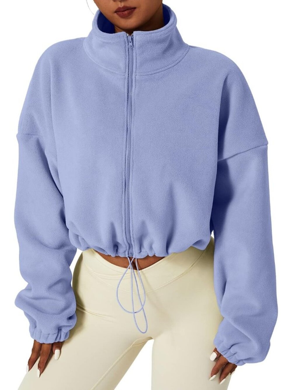 Women's Purple Fleece Full ZIP Stand Collar Baggy Cropped Short Sherpa Jacket